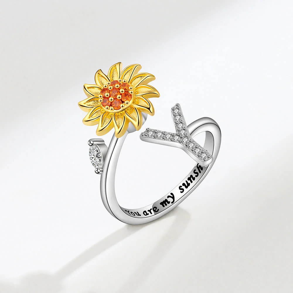 Anxiery Rotating Sunflower Initial Letter Adjustable Ring - Image 26