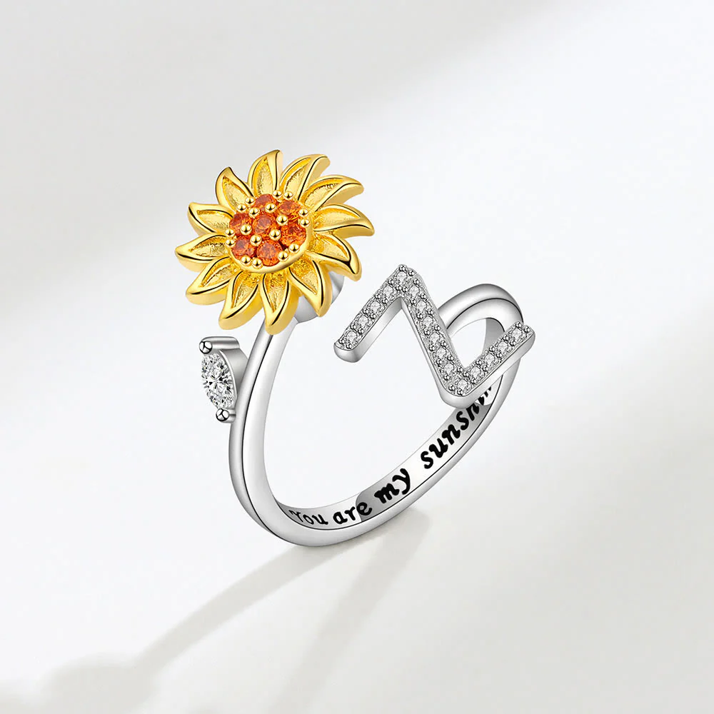 Anxiery Rotating Sunflower Initial Letter Adjustable Ring - Image 27
