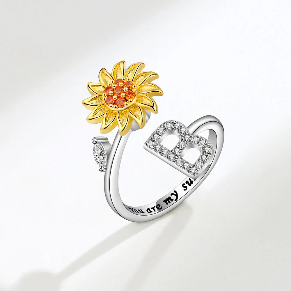 Anxiery Rotating Sunflower Initial Letter Adjustable Ring - Image 3