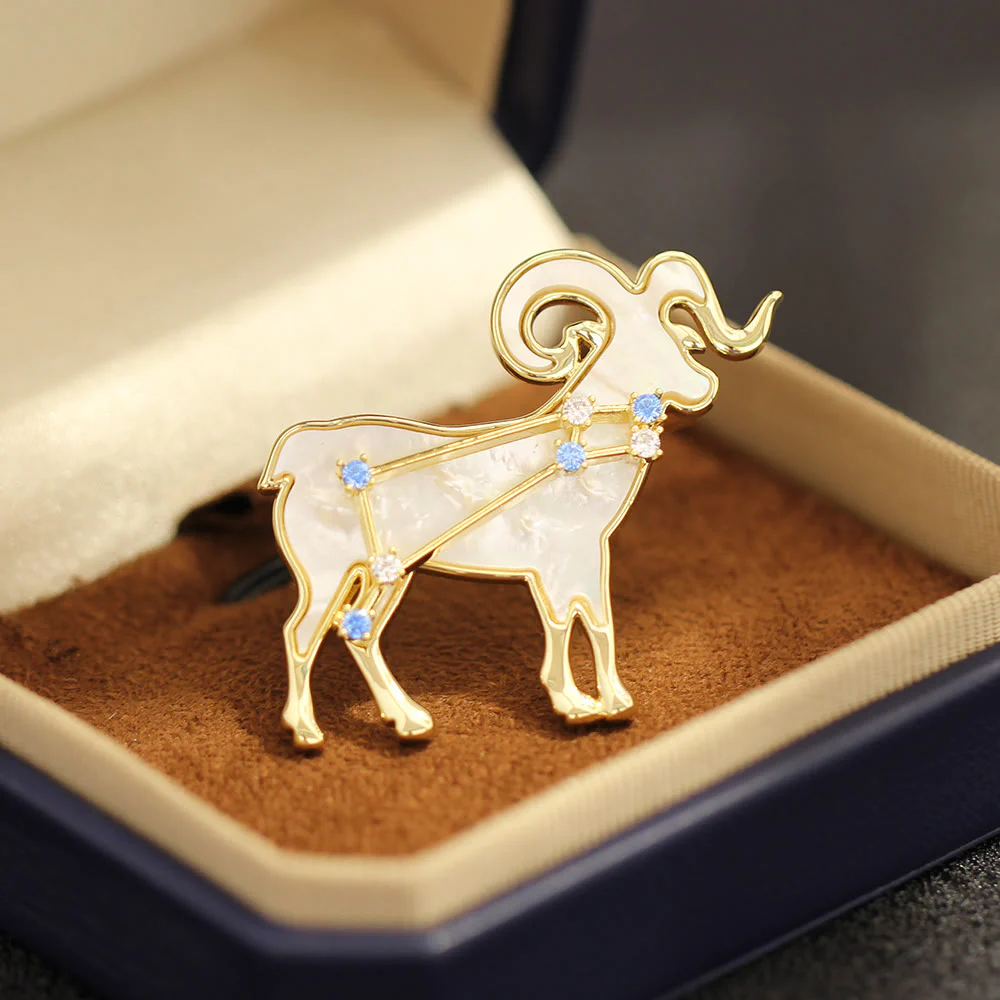 12 Constellation Mother-of-Pearl & Blue Crystal Gold Brooch