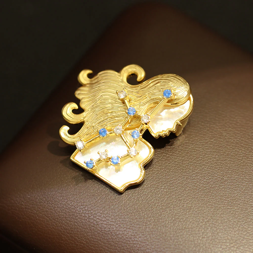 12 Constellation Mother-of-Pearl & Blue Crystal Gold Brooch - Image 11
