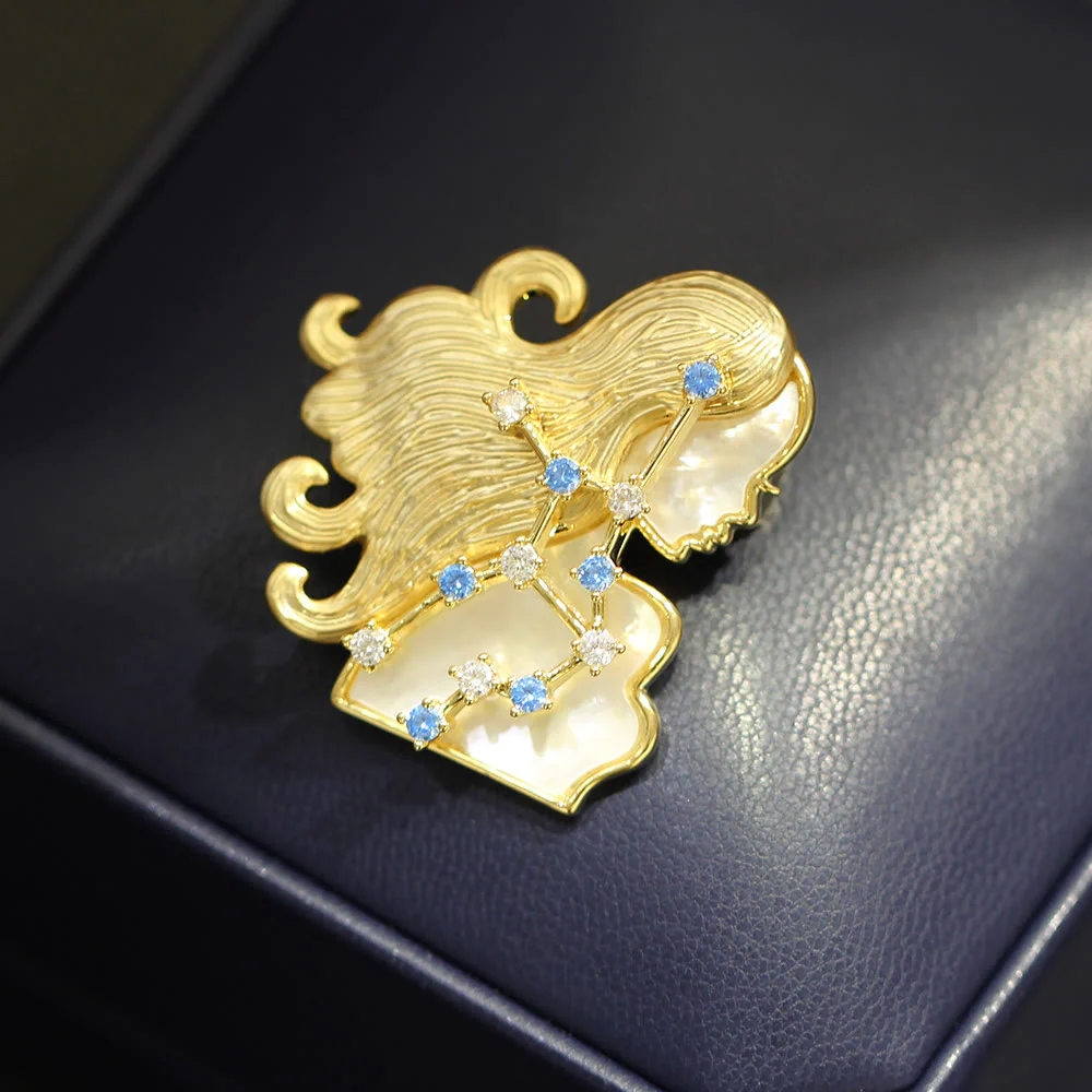 12 Constellation Mother-of-Pearl & Blue Crystal Gold Brooch - Image 12