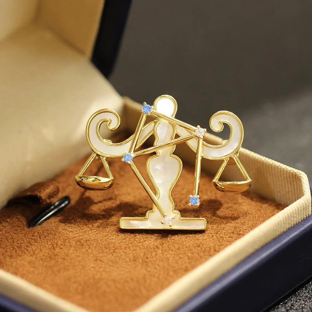 12 Constellation Mother-of-Pearl & Blue Crystal Gold Brooch - Image 13