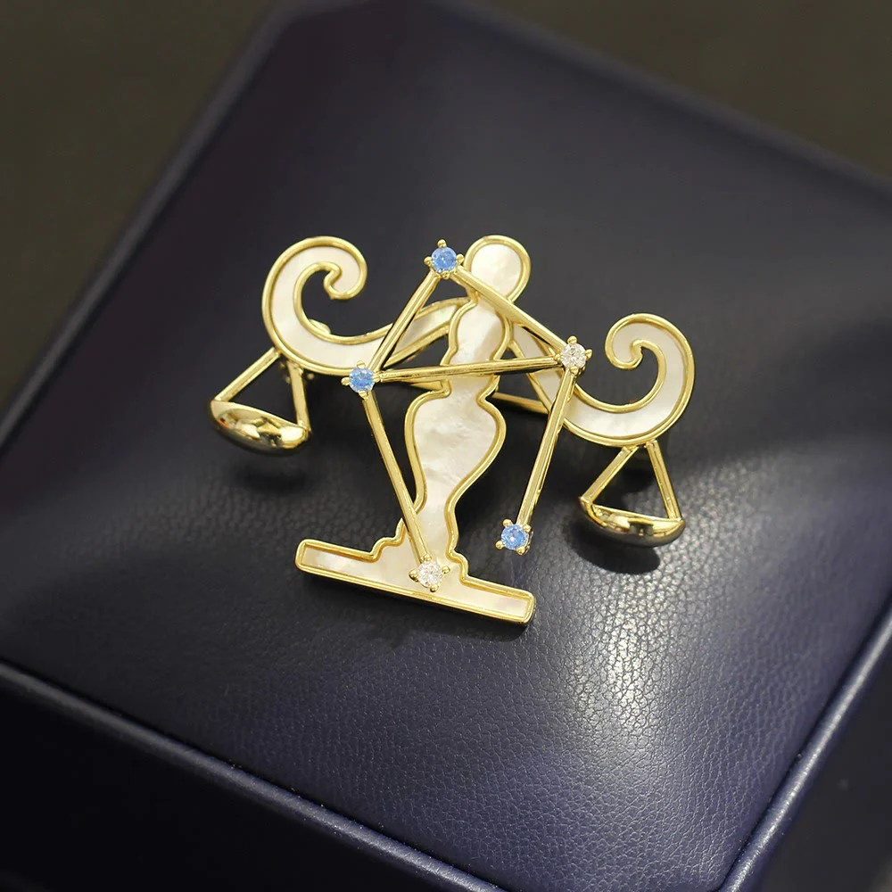 12 Constellation Mother-of-Pearl & Blue Crystal Gold Brooch - Image 14