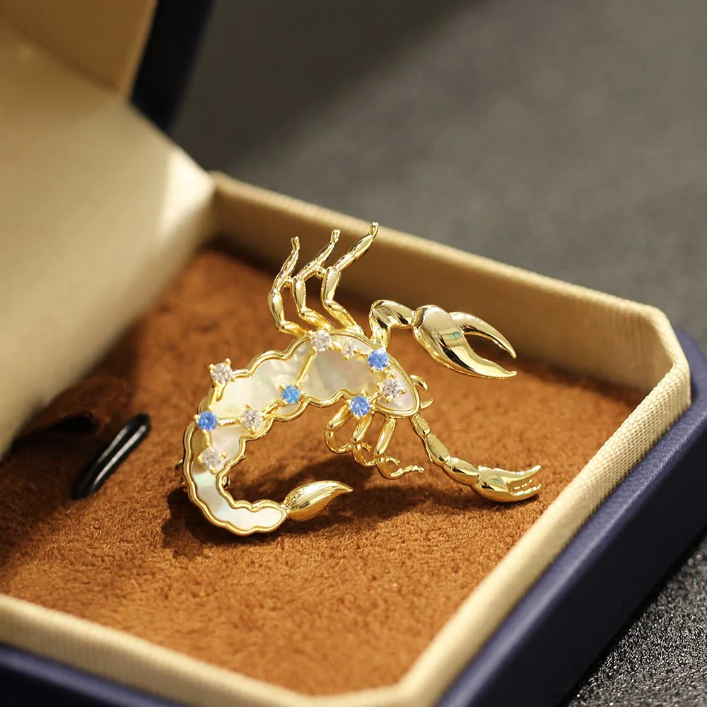 12 Constellation Mother-of-Pearl & Blue Crystal Gold Brooch - Image 15