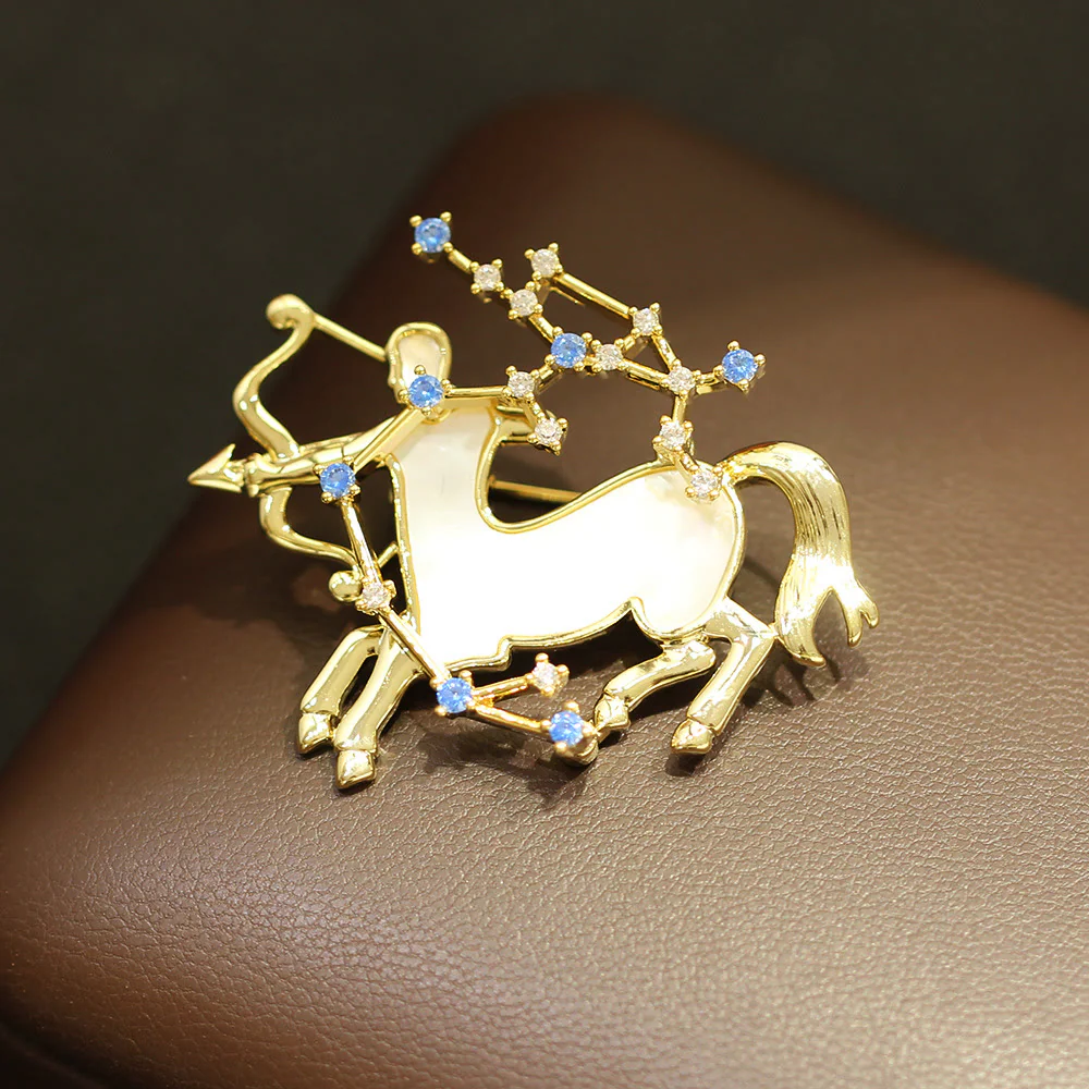 12 Constellation Mother-of-Pearl & Blue Crystal Gold Brooch - Image 17
