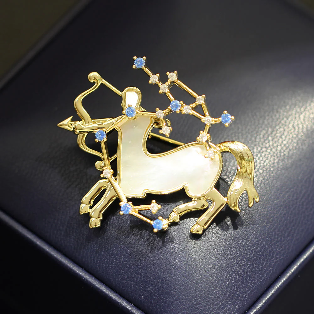 12 Constellation Mother-of-Pearl & Blue Crystal Gold Brooch - Image 18