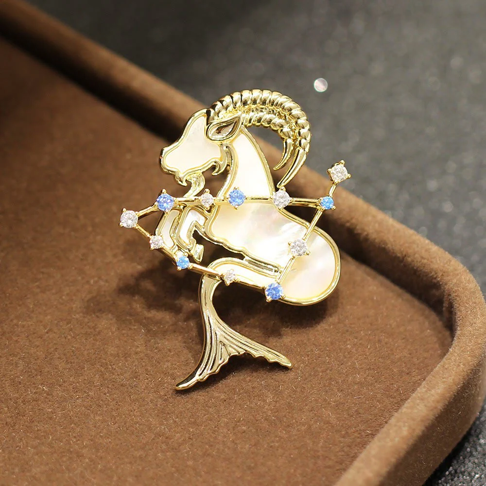 12 Constellation Mother-of-Pearl & Blue Crystal Gold Brooch - Image 19