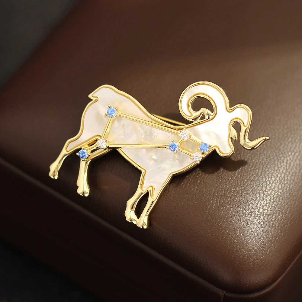 12 Constellation Mother-of-Pearl & Blue Crystal Gold Brooch - Image 2
