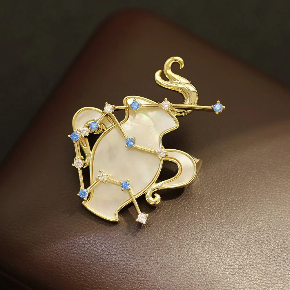 12 Constellation Mother-of-Pearl & Blue Crystal Gold Brooch - Image 20