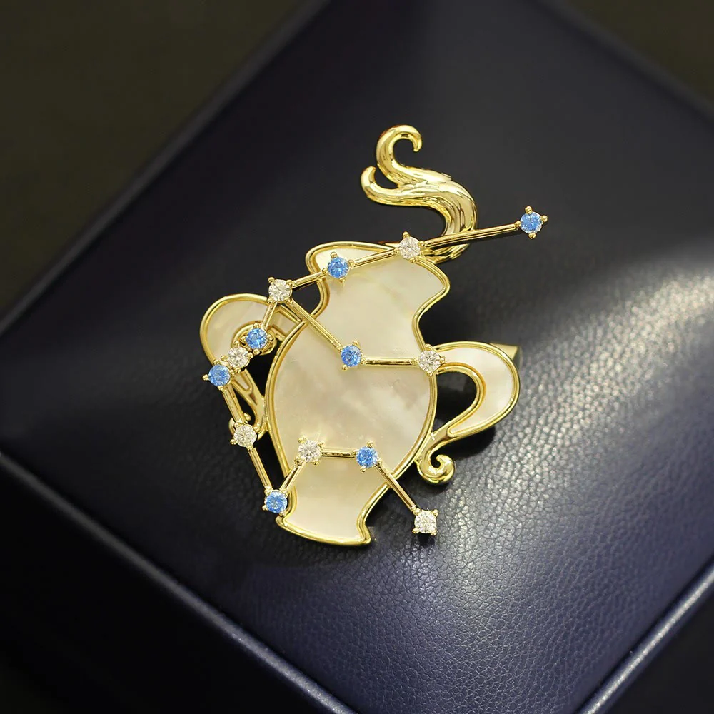 12 Constellation Mother-of-Pearl & Blue Crystal Gold Brooch - Image 21