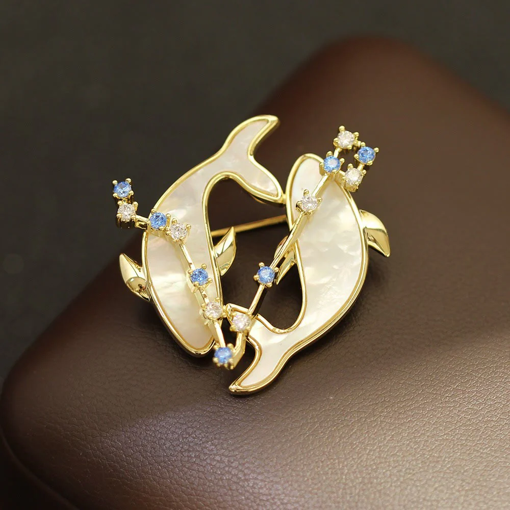 12 Constellation Mother-of-Pearl & Blue Crystal Gold Brooch - Image 23