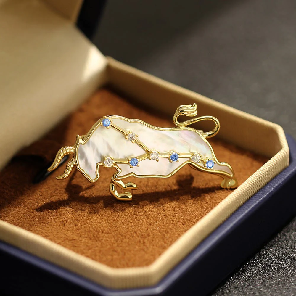 12 Constellation Mother-of-Pearl & Blue Crystal Gold Brooch - Image 3
