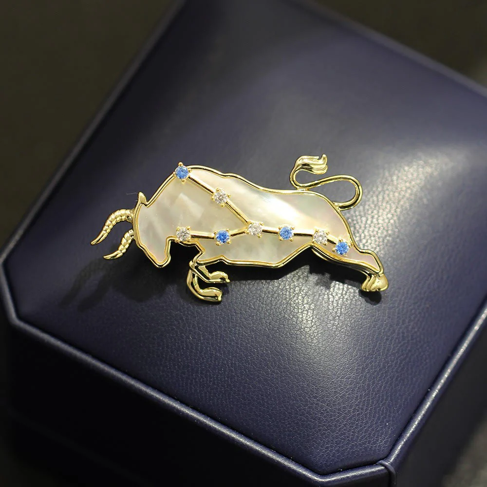 12 Constellation Mother-of-Pearl & Blue Crystal Gold Brooch - Image 4