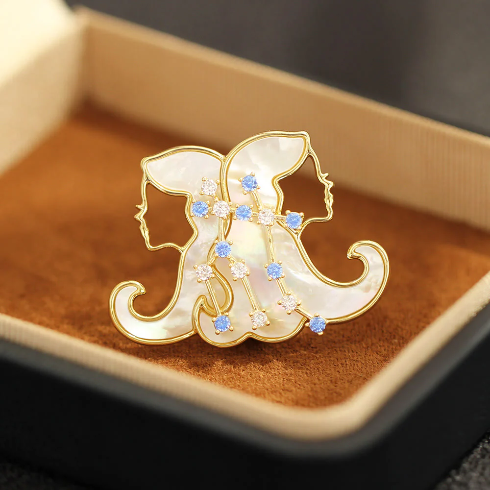 12 Constellation Mother-of-Pearl & Blue Crystal Gold Brooch - Image 5