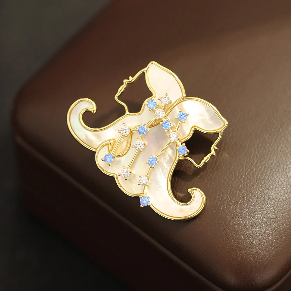 12 Constellation Mother-of-Pearl & Blue Crystal Gold Brooch - Image 6