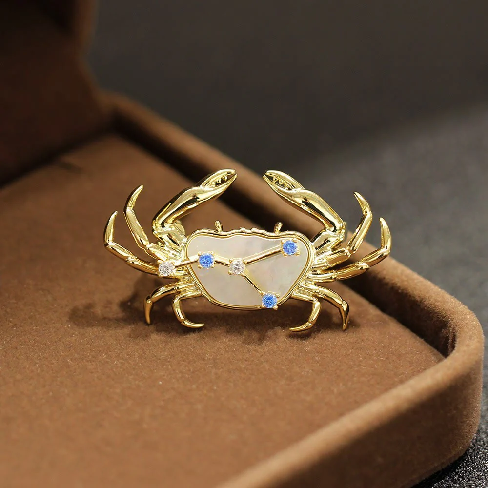 12 Constellation Mother-of-Pearl & Blue Crystal Gold Brooch - Image 7