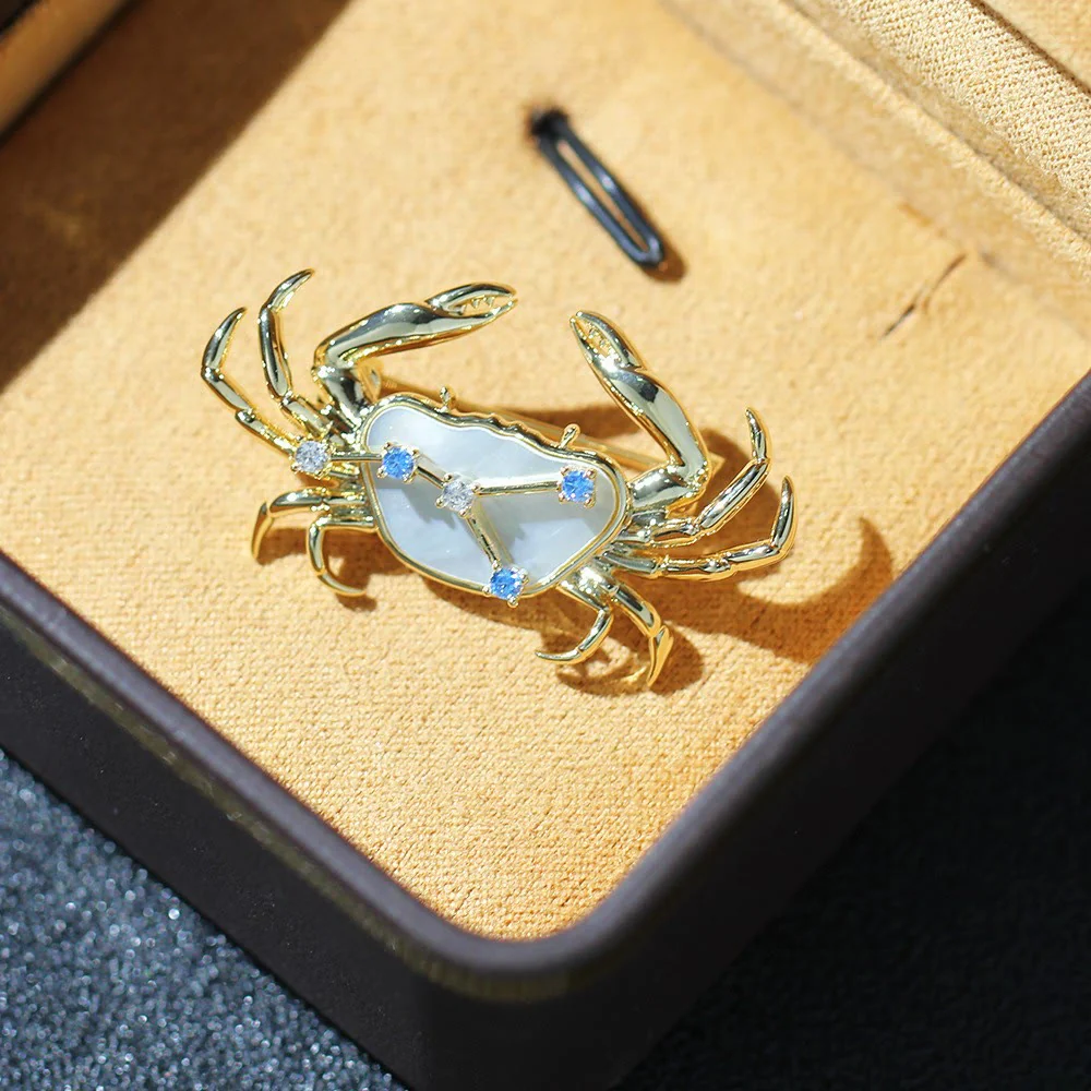 12 Constellation Mother-of-Pearl & Blue Crystal Gold Brooch - Image 8