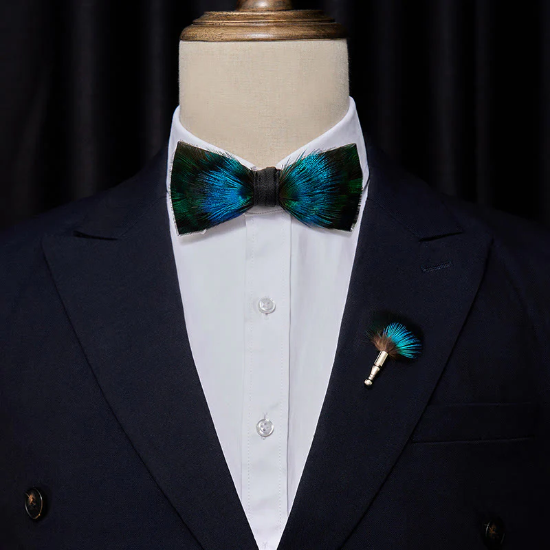 Aurora Blue & Green Feather Bow Tie with Lapel Pin - Image 2