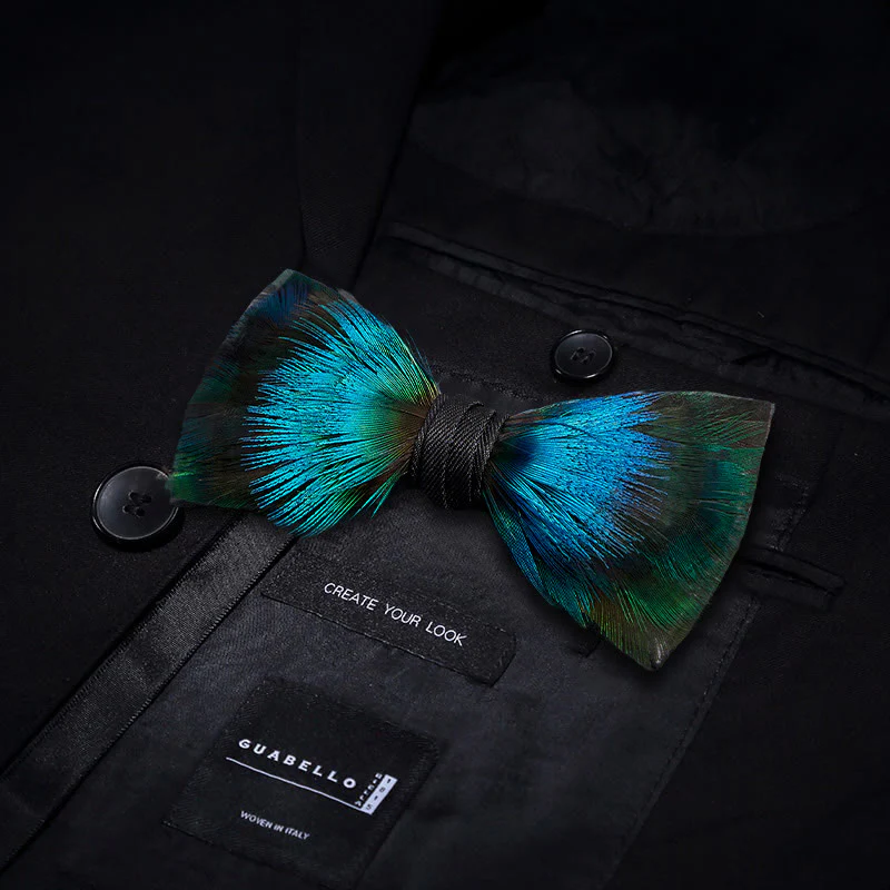 Aurora Blue & Green Feather Bow Tie with Lapel Pin - Image 3