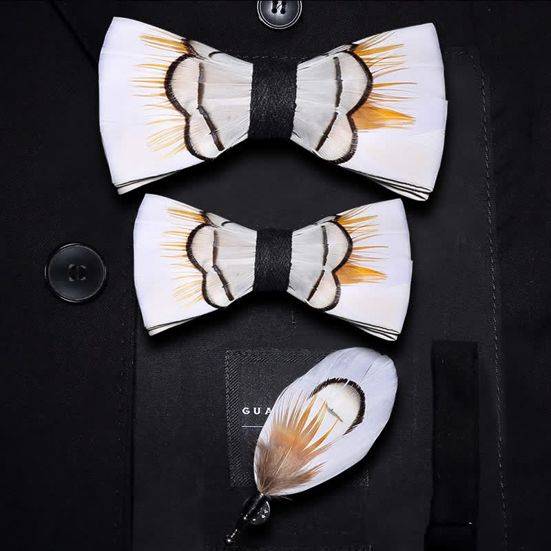 Beige Elegant Feather Bow Tie with Lapel Pin - Image 7
