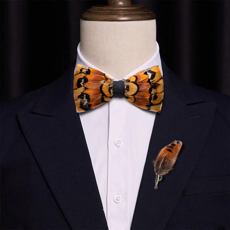 Beige & Gold Pheasant Feather Bow Tie with Lapel Pin - Image 4