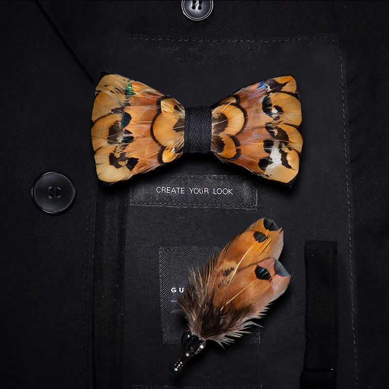 Beige & Gold Pheasant Feather Bow Tie with Lapel Pin - Image 5