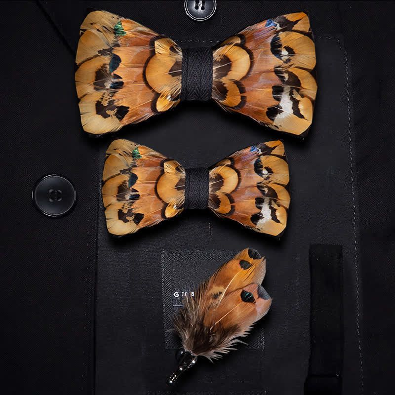 Beige & Gold Pheasant Feather Bow Tie with Lapel Pin - Image 6