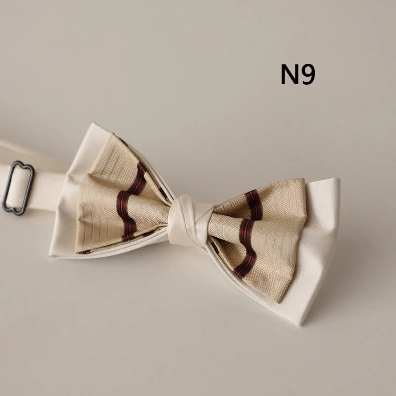 Beige Pattern Two-Layer Satin Adjustable Strap Bow Tie - Image 11
