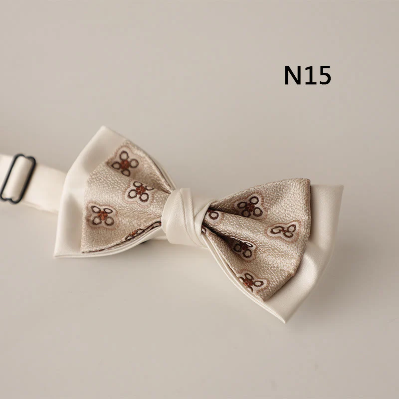 Beige Pattern Two-Layer Satin Adjustable Strap Bow Tie - Image 17