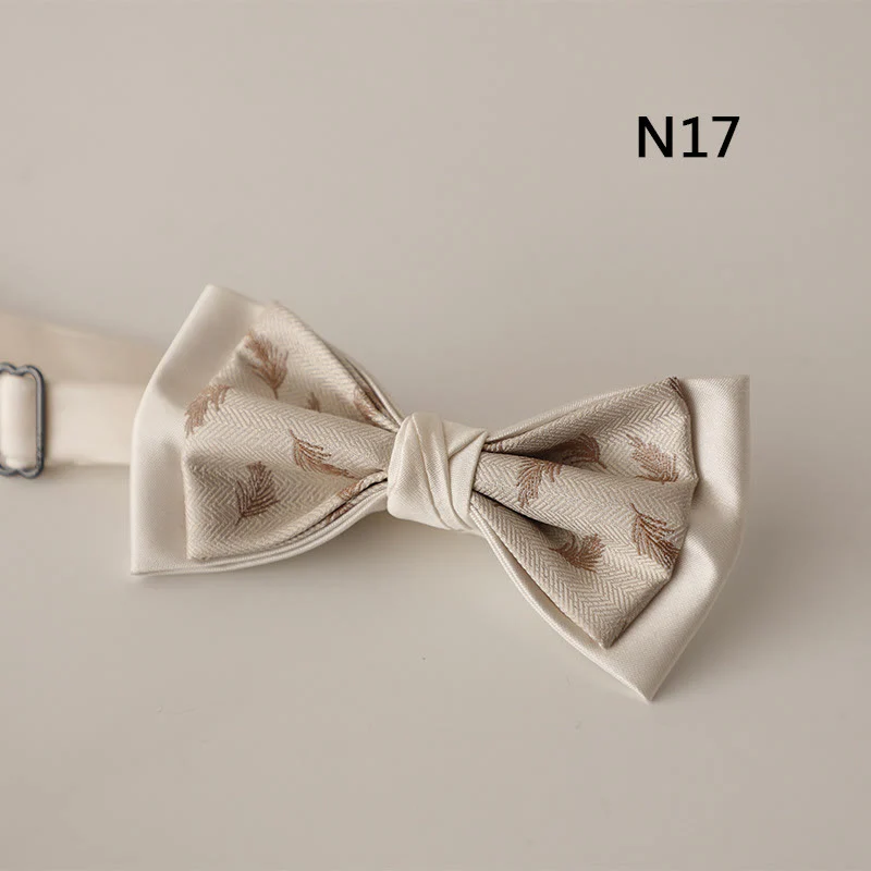 Beige Pattern Two-Layer Satin Adjustable Strap Bow Tie - Image 19