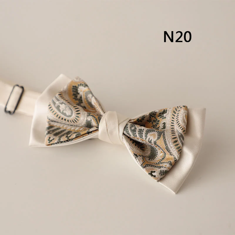 Beige Pattern Two-Layer Satin Adjustable Strap Bow Tie - Image 22
