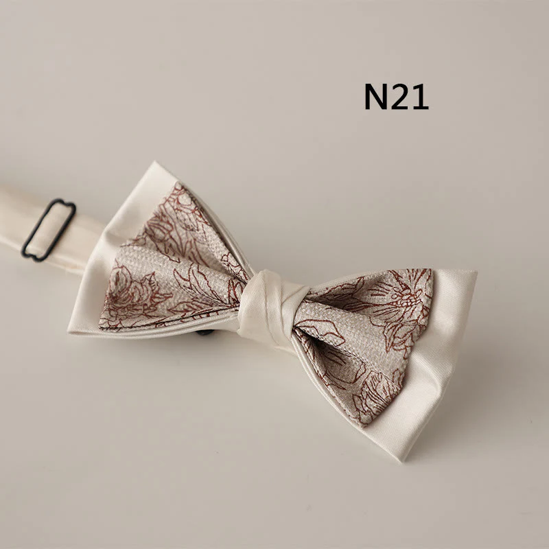 Beige Pattern Two-Layer Satin Adjustable Strap Bow Tie - Image 23