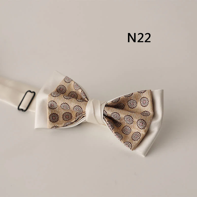 Beige Pattern Two-Layer Satin Adjustable Strap Bow Tie - Image 24