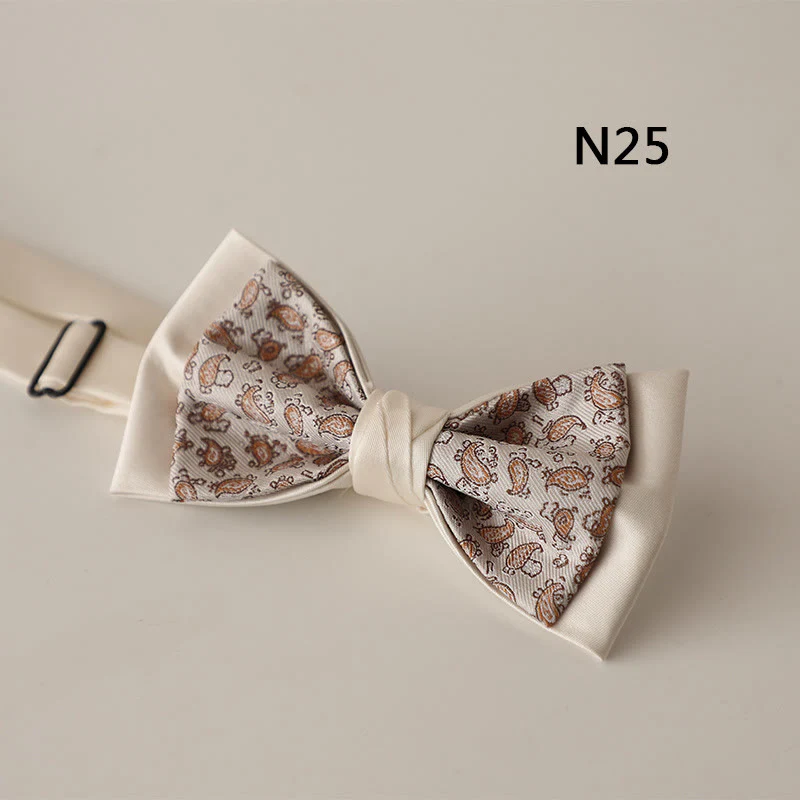 Beige Pattern Two-Layer Satin Adjustable Strap Bow Tie - Image 27