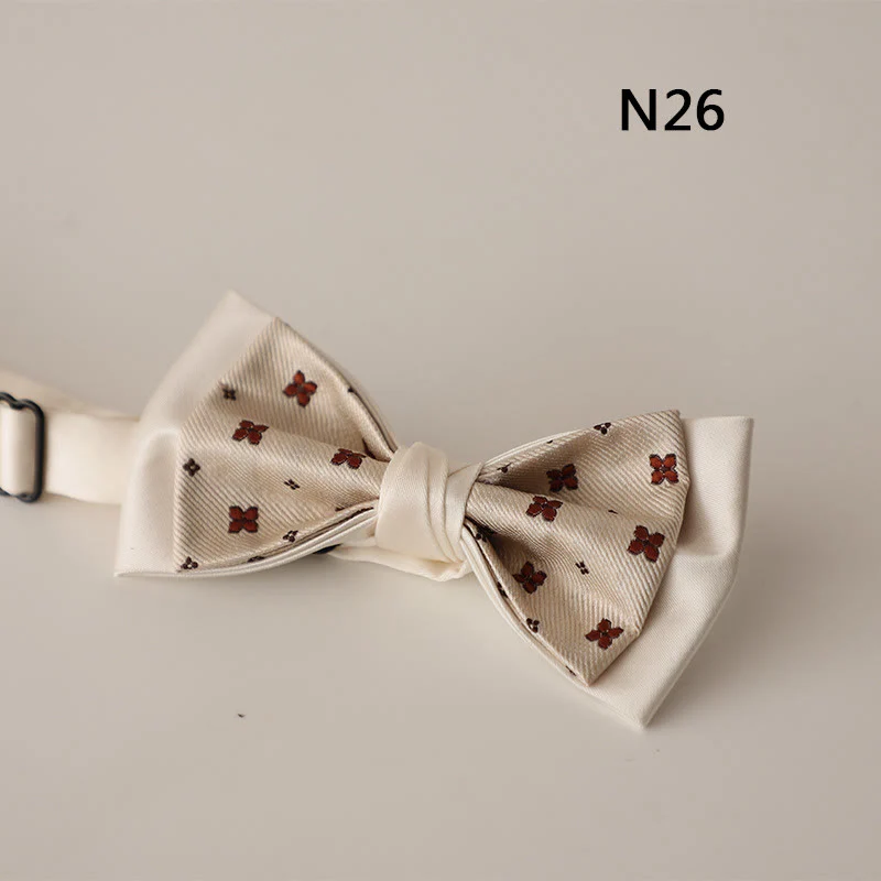 Beige Pattern Two-Layer Satin Adjustable Strap Bow Tie - Image 28