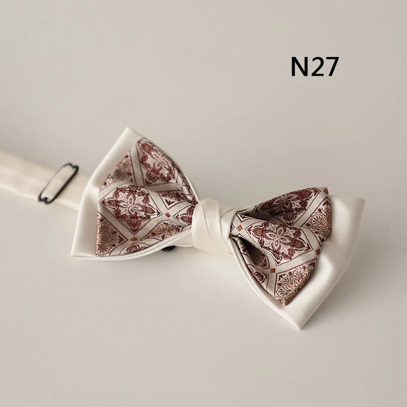 Beige Pattern Two-Layer Satin Adjustable Strap Bow Tie - Image 29