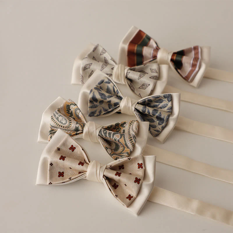 Beige Pattern Two-Layer Satin Adjustable Strap Bow Tie - Image 3