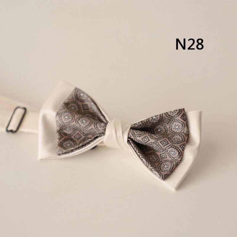 Beige Pattern Two-Layer Satin Adjustable Strap Bow Tie - Image 30