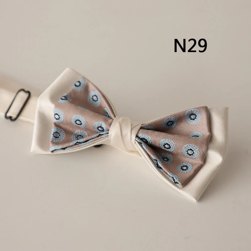 Beige Pattern Two-Layer Satin Adjustable Strap Bow Tie - Image 31