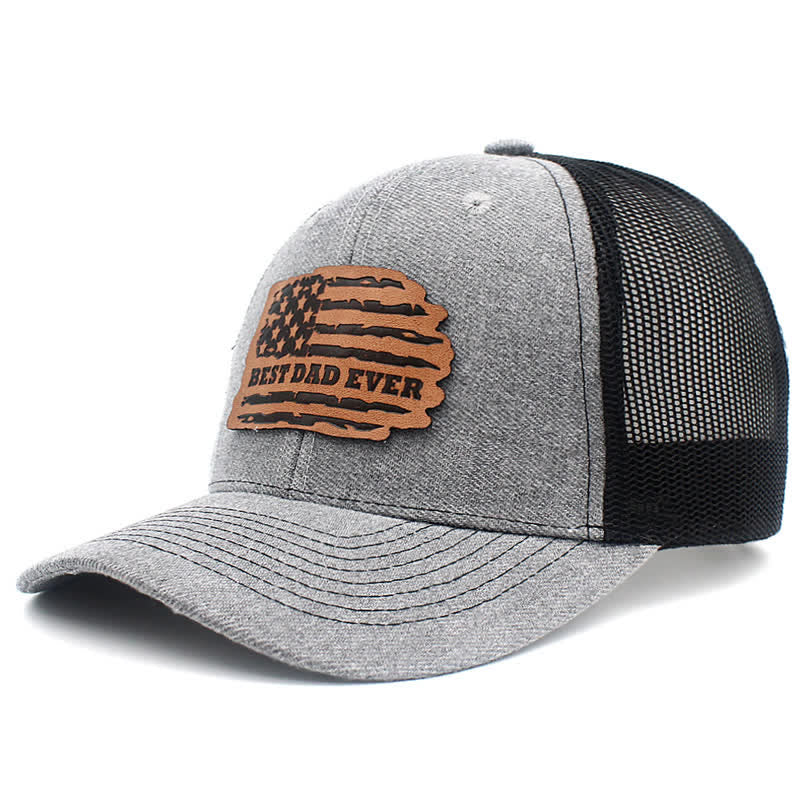 Best Dad Ever USA Flag Leather Label Patch Trucker Hat - Image 10