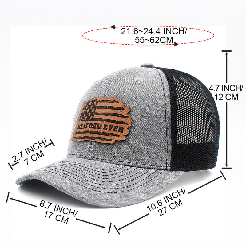 Best Dad Ever USA Flag Leather Label Patch Trucker Hat - Image 11
