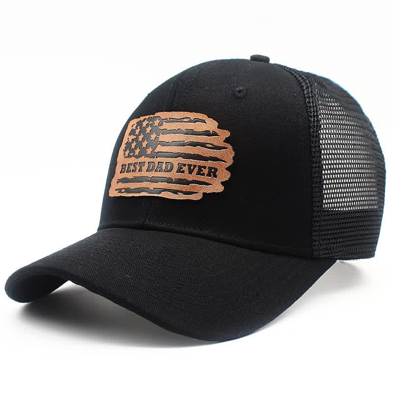 Best Dad Ever USA Flag Leather Label Patch Trucker Hat - Image 2