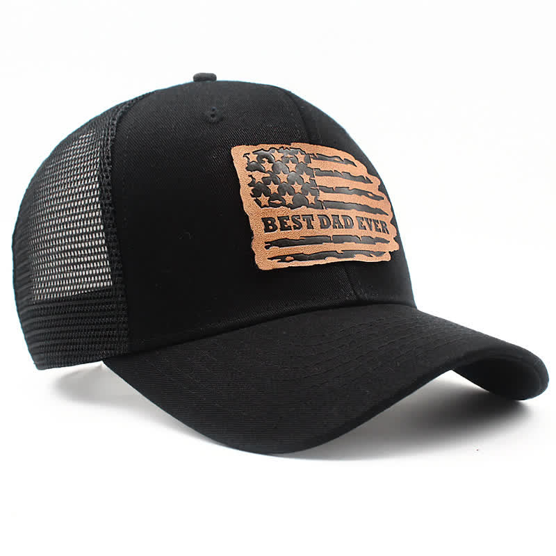 Best Dad Ever USA Flag Leather Label Patch Trucker Hat - Image 4