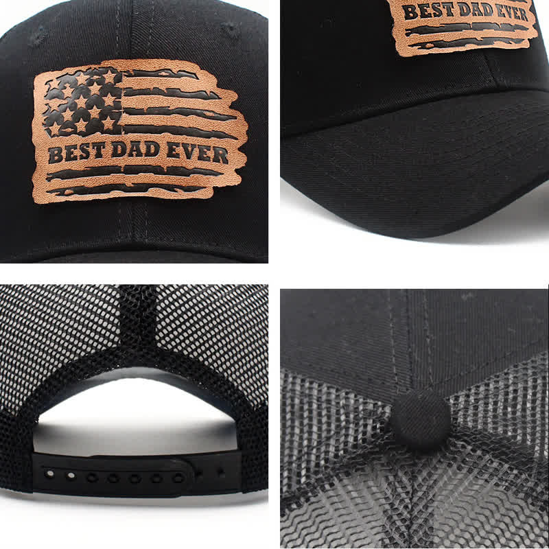 Best Dad Ever USA Flag Leather Label Patch Trucker Hat - Image 7