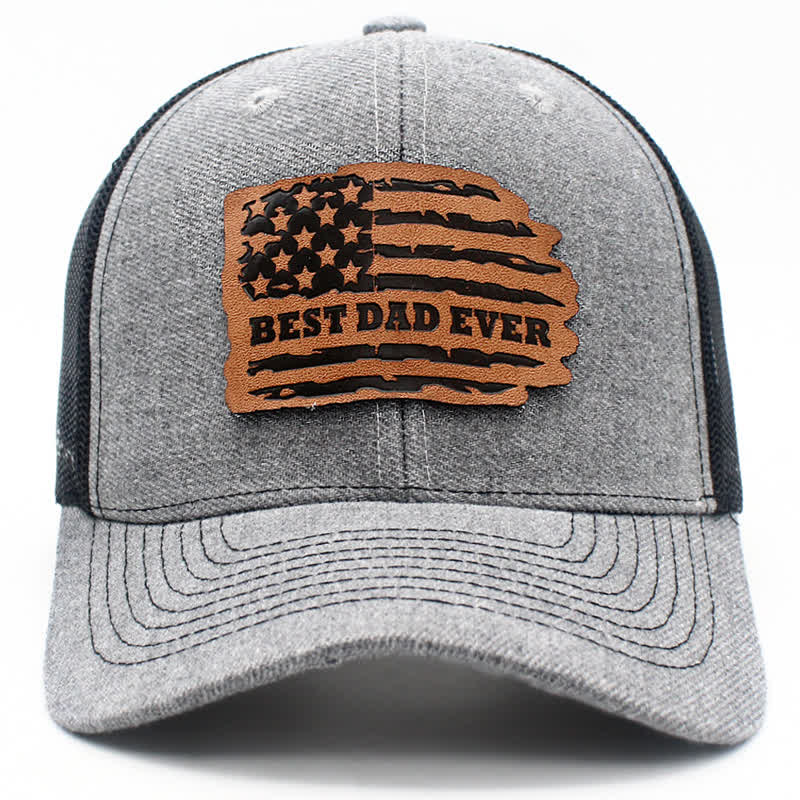 Best Dad Ever USA Flag Leather Label Patch Trucker Hat - Image 8