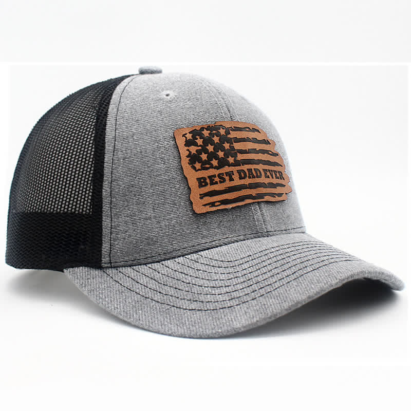 Best Dad Ever USA Flag Leather Label Patch Trucker Hat - Image 9