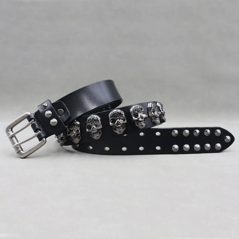 Biker Casual Skulls Rivets Double Pin Leather Belt - Image 3