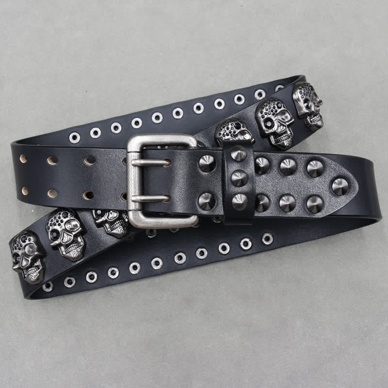 Biker Casual Skulls Rivets Double Pin Leather Belt - Image 4