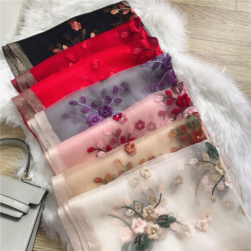 Birchapple Flower Embroidered Gold Edge Thin Summer Scarf - Image 2